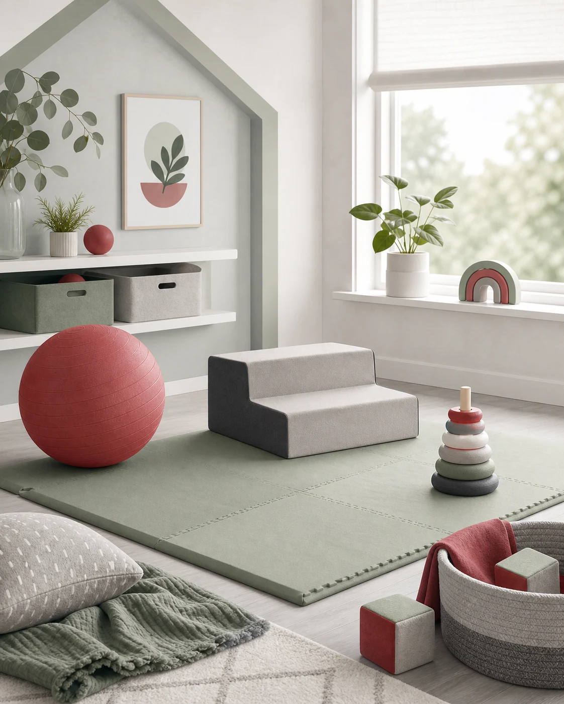 A home play area arranged with child-sized physical therapy equipment including a ball, foam step, rings, and floor mat